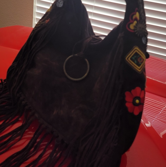 Suede fringed, embroidered shoulder bag
